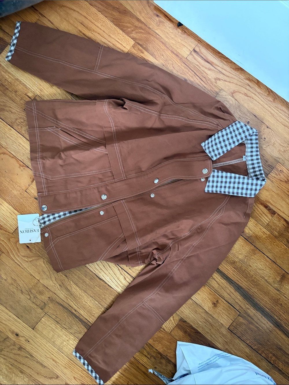 Woman’s Brown Workwear Jacket with Contrast Gingham Collar